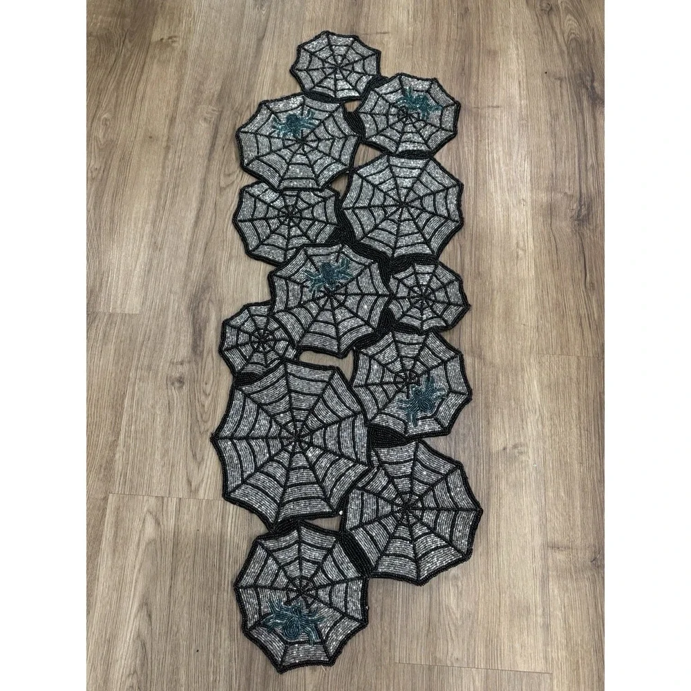 Beaded Black Silver Spiderweb Spider Table Runner / Centerpiece Halloween 36